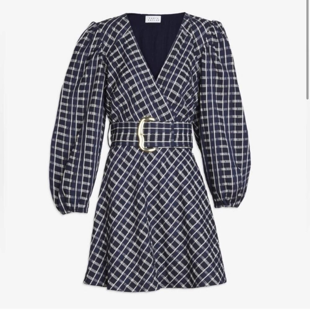 NWT Tanya Taylor Nicola Puff-Sleeve Belted Check Mini Dress - Picture 4 of 10